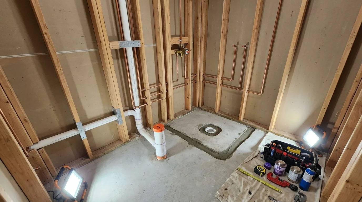 Bathroom rough-in plumbing during remodel by Johns Plumbing LLC in Nazareth