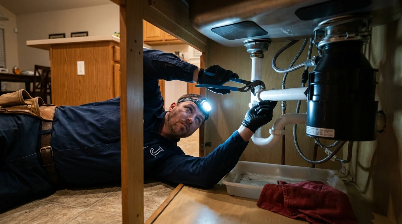 P-trap and supply line connections under a kitchen sink showing a common leak point in Nazareth, PA